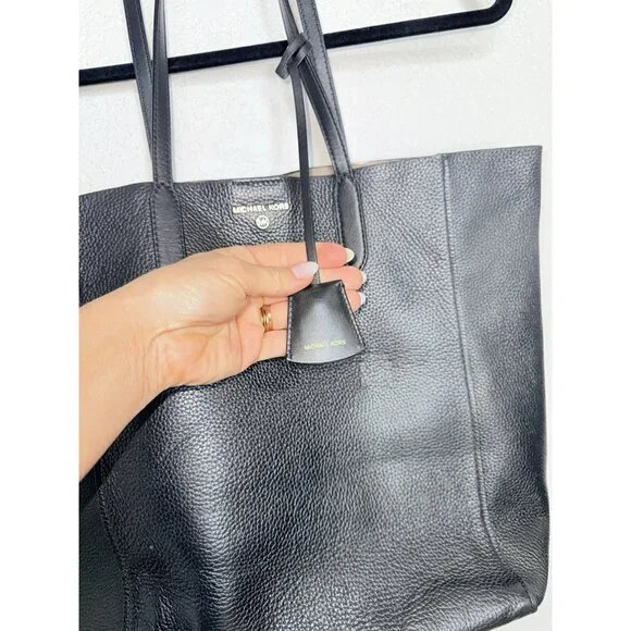 Michael Kors Soft Leather Tote Shoulder Bag Large Black/Gold MK Logo Suede - Picture 4 of 7